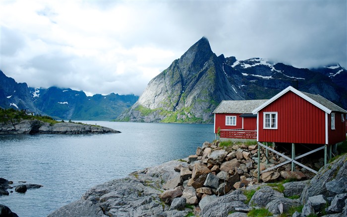 Lago Glacier, Cabana de Log, 2022, Hamnoy, Noruega, 4K, Foto Visualizações:7619