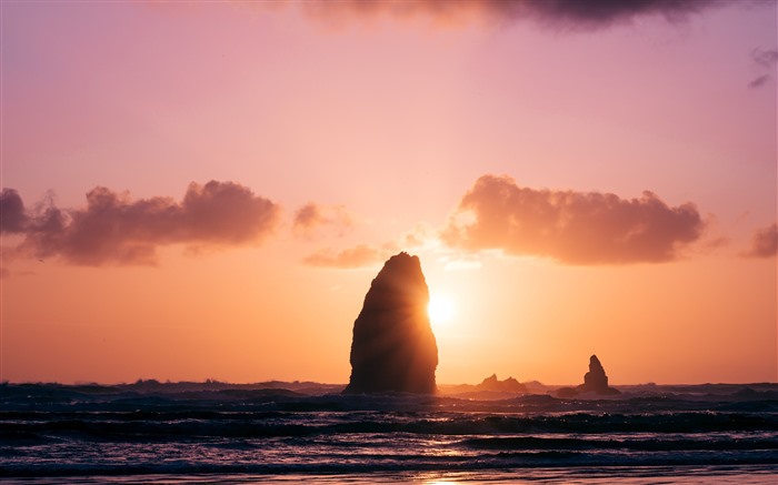 Haystack Rock, Cannon Beach, Sunset, EE. UU., 5k, foto Vistas:4947