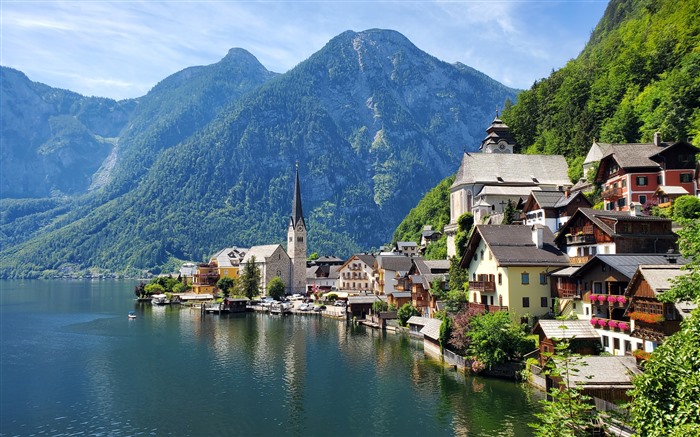 Hallstatt, áustria, Lakeshore, cidade, manh? cedo, 4K Visualizações:8250