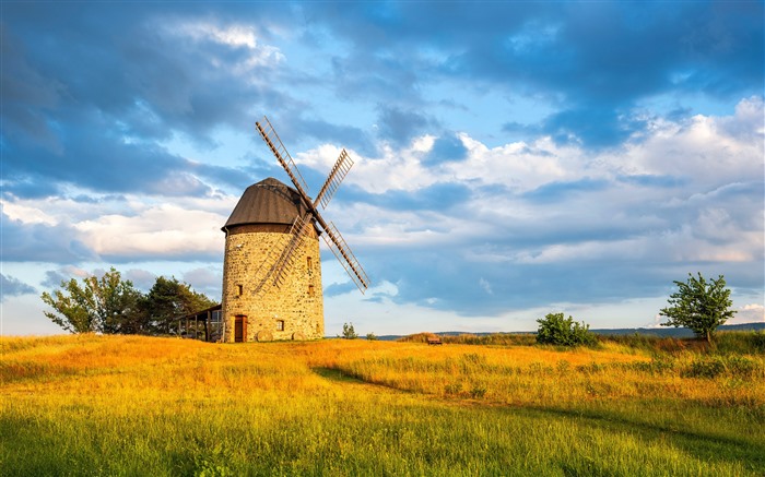 Moulin à vent, prairies, coucher de soleil, thale, harz, bing, 4k Vues:6880