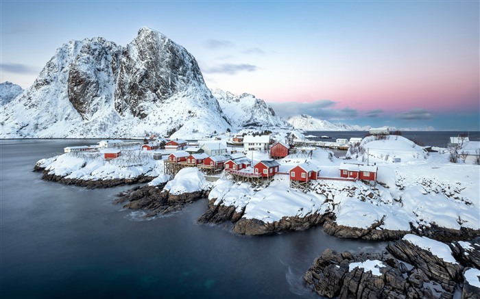 Vila de pesca, montanhas, inverno, Noruega, nórdica, 5k Visualizações:6463