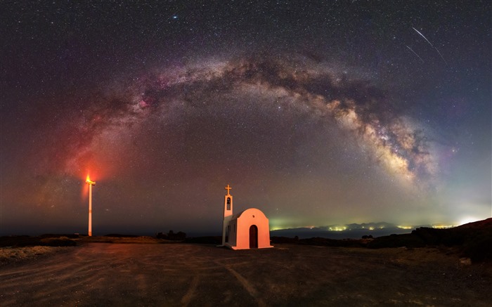 Céu estrelado, Via Láctea, Igreja, Creta, Grécia, 5k Visualizações:4960