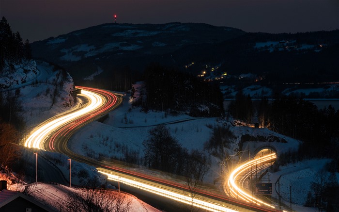 Invierno, noche, carretera de anillo, túnel, iluminación, 5k Vistas:3512