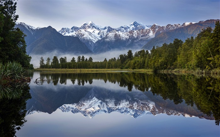 Incrível, Snow Mountain, lago, floresta, reflexão, 5k Visualizações:4408