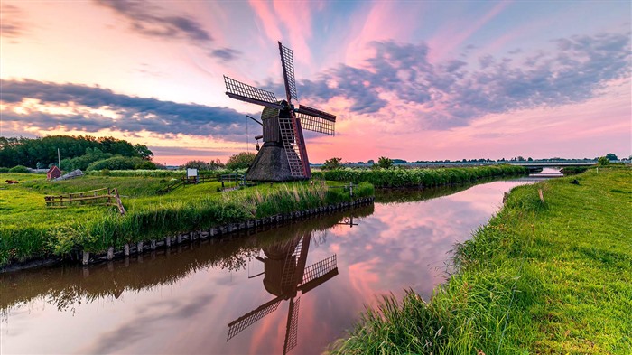 Moulins à vent historiques, rivière, coucher de soleil, Pays-Bas, Bing, 4K Vues:4795