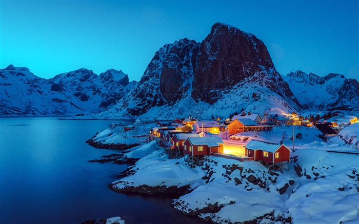 Noruega,Hamnoy,Puerto,Montañas nevadas,Noche,5K Vistas:6196