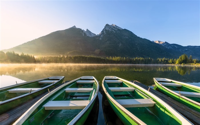 Rangée de bateaux, lac Hintersee, Bavière, Allemagne, Bing, 4K Vues:3409