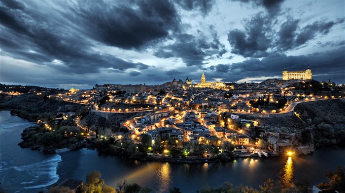 Pequena cidade, rio Tajo Toledo, anoitecer, Espanha, Bing, 4k Visualizações:2630