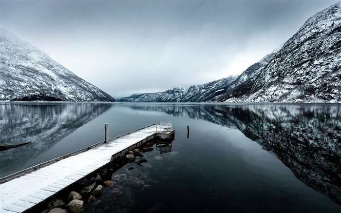 Snow Mountain, lac, hiver, Eidfjord, Norvège, 5K Vues:4080