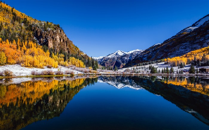 Crystal Lake, final de outono, tranquilidade, montanhas nevadas, 5k Visualizações:4539