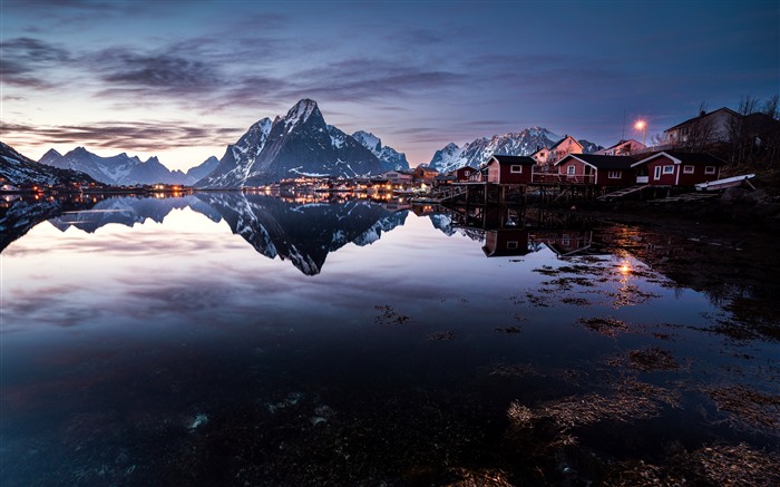 Vila de pesca, porto, anoitecer, horizonte, Reine, Noruega, 5k Visualizações:5400