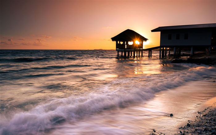 Côte, coucher de soleil, hutte, tikehau, Polynésie française, 5K Vues:2797