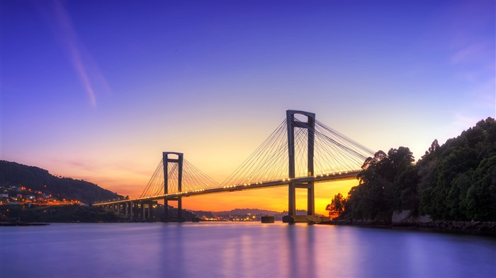 Río Vigo, Vigo, Puente, Sunrise, España, Bing, 4K Vistas:1966