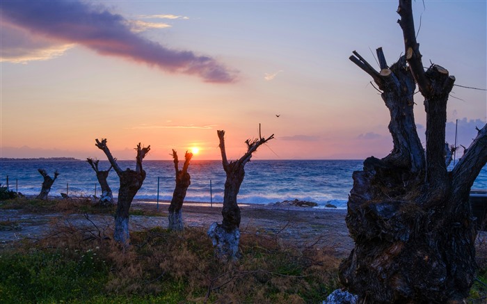 Côte, plage de sable, coucher de soleil, horizon, Rhodes, Grèce, 5K Vues:1939