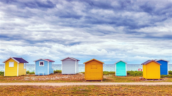 Cabañas de baño, playa, condado de Skane, Suecia, Bing, 4K Vistas:1928