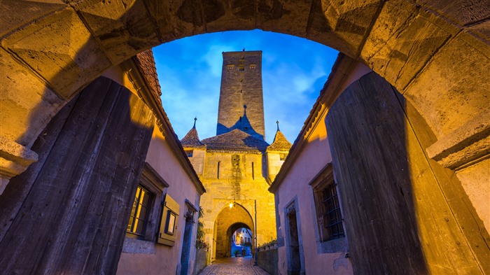 Noche, edificio, ciudad medieval, Rothenburg, Alemania, Bing, 4K Vistas:2016