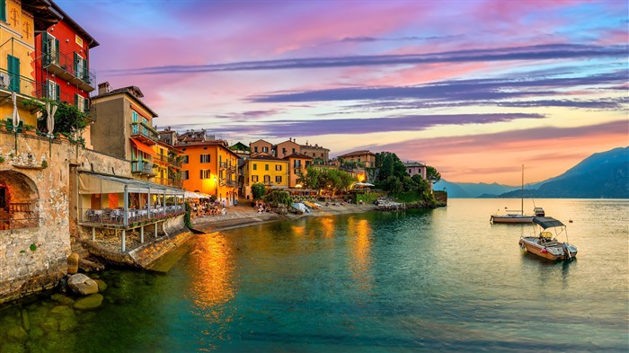 Puerto, lago de Como, puesta de sol, Lombardía, Italia, Bing, 4K Vistas:1518