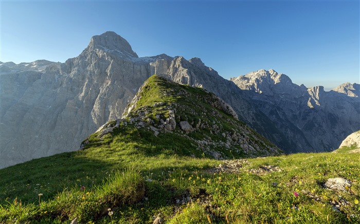 Ciel bleu, hautes montagnes, paysages, pic, champ d'herbe, 5K Vues:585