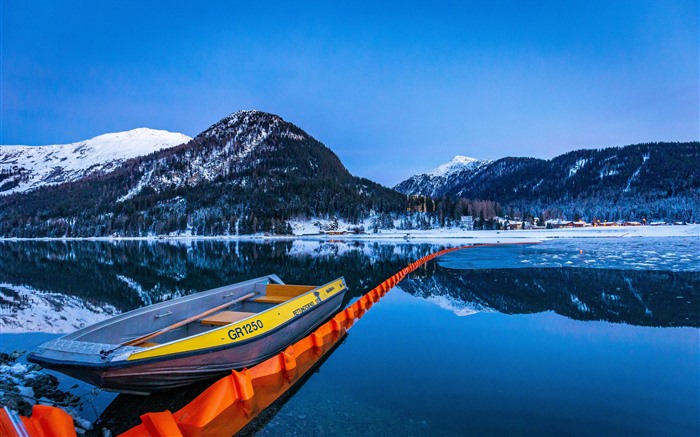 Invierno, bote, nieve, jungla, lago Davos, Suiza, 5k Vistas:640