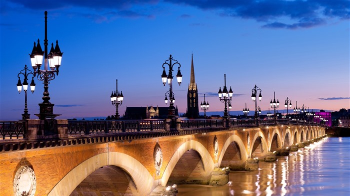 Puente de piedra, ciudad, anochecer, Burdeos, Francia, Bing, 4k Vistas:1203