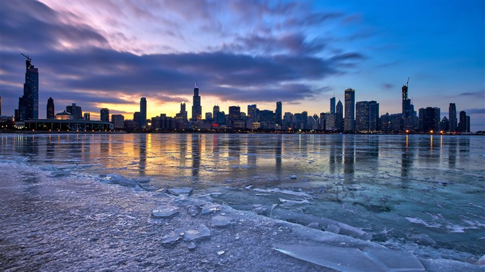 Frozen Coast Sunset Skyline Chicago USA Bing 4K Views:588