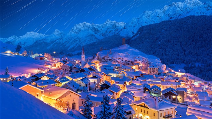 Star trails Ardez village Graubunden Switzerland Bing 4K Views:963 Date:2025/1/3 13:08:49